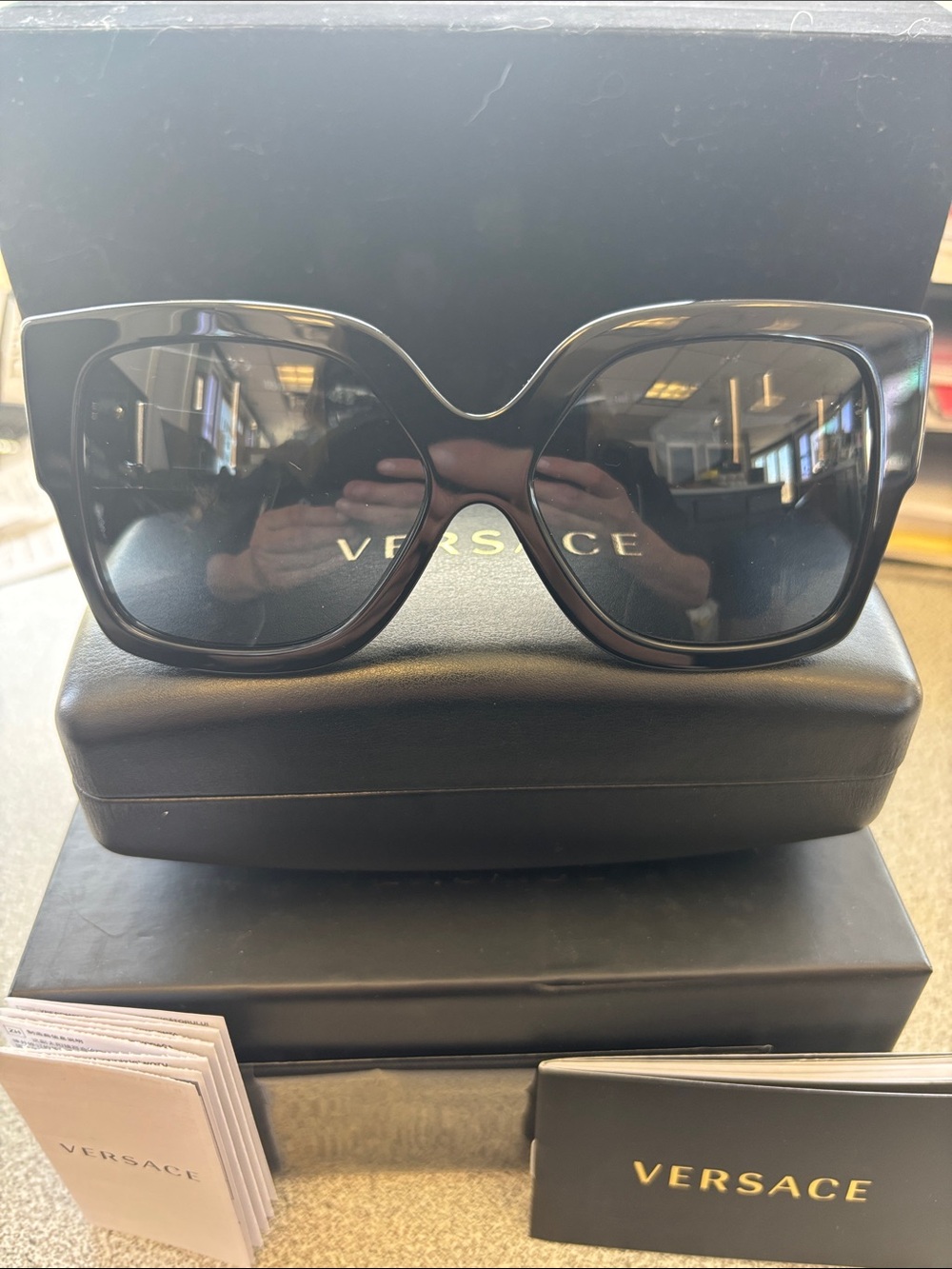 Versace Black Oversized Square Cat-Eye Sunglasses Bougie for sure